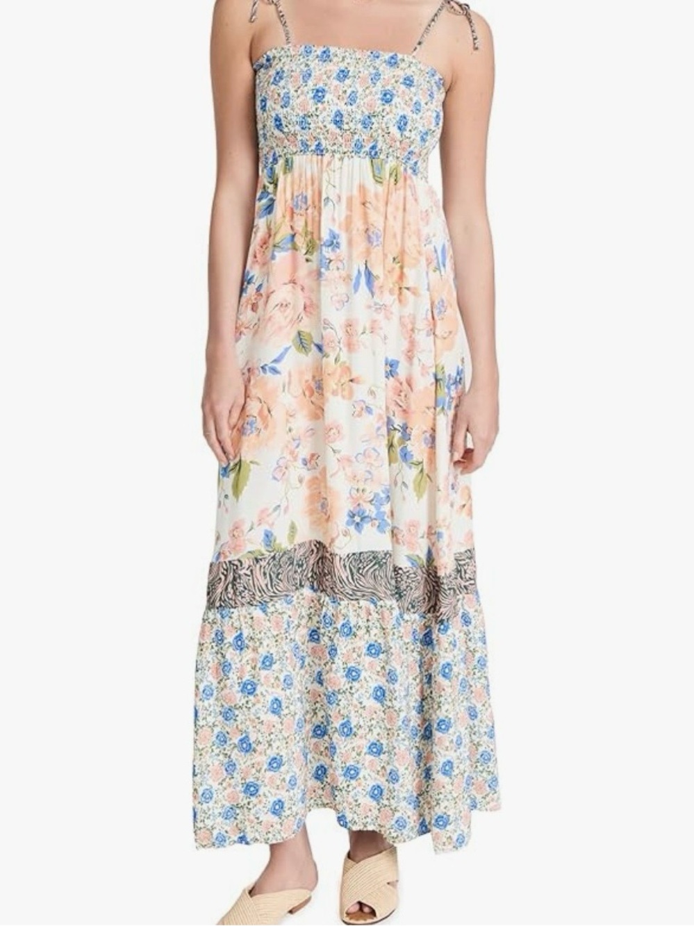 Maaji Bewitched Peach & Blue Smocked Floral Maxi Dress in Free Spirit